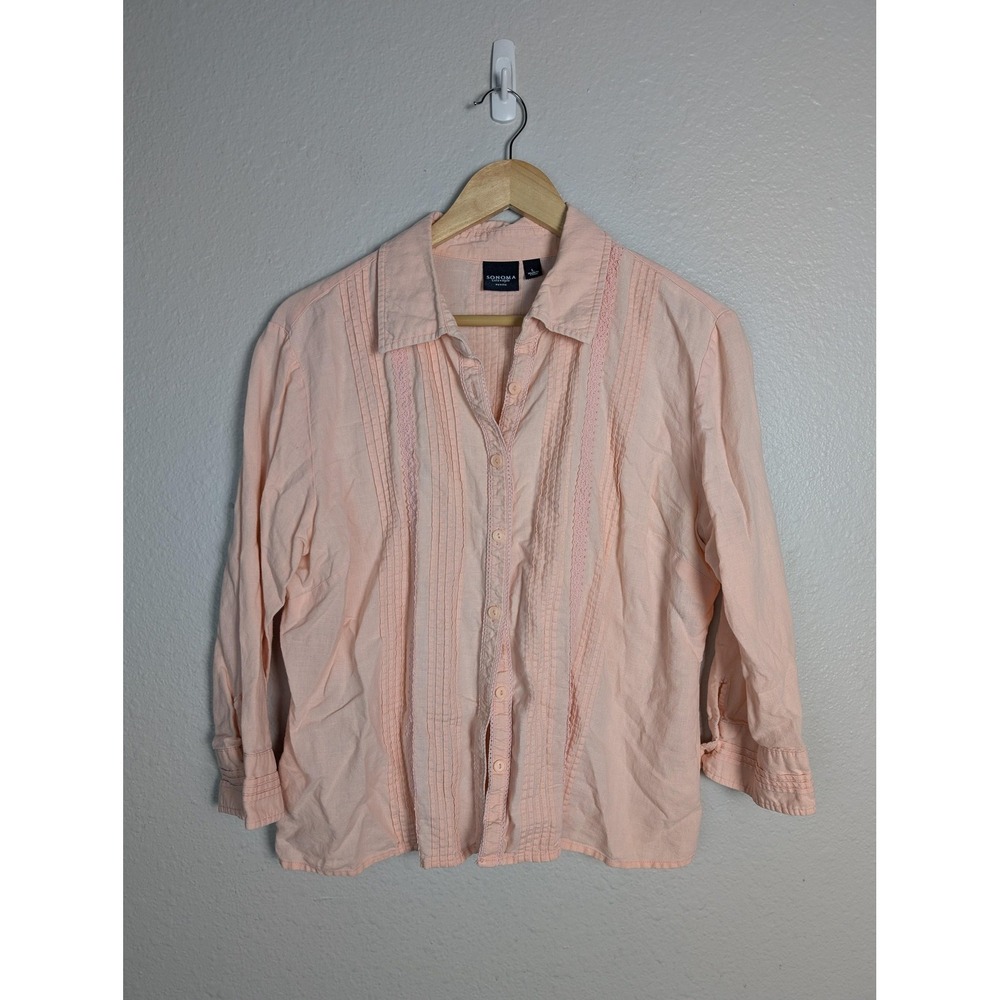 Sonoma Life+Style Pink Pleated Button Front Womens Blouse Petite L 3/4 Sleeve